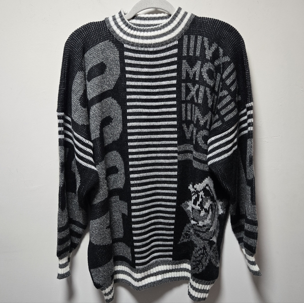 Vintage Forelli Sweater One Size Fits All Black White Flowers David Rose 80s 90s